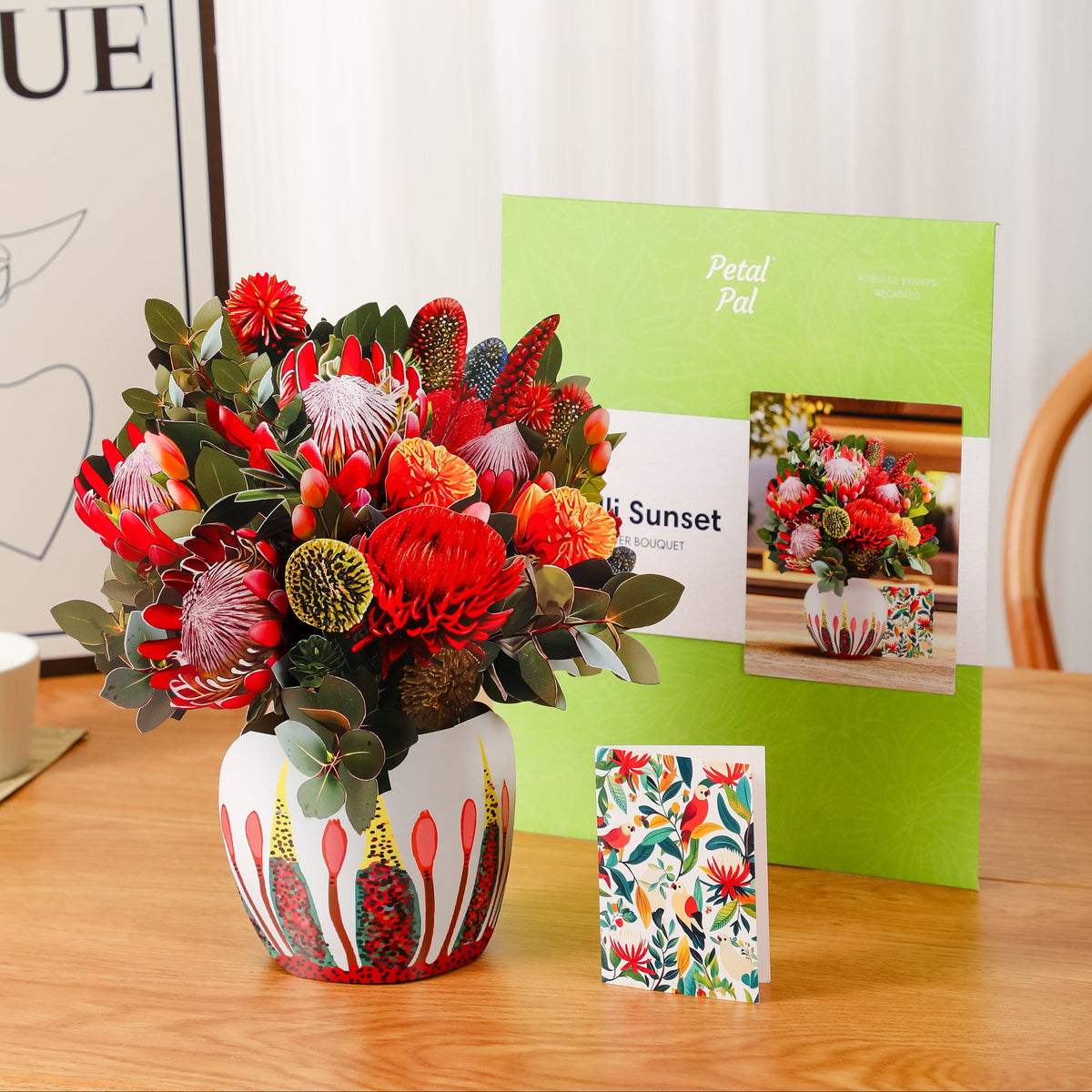 Kirribilli-Sunset-everlasting-paper-bouquet-with-protea,-gerbera,-pincushion-in-red