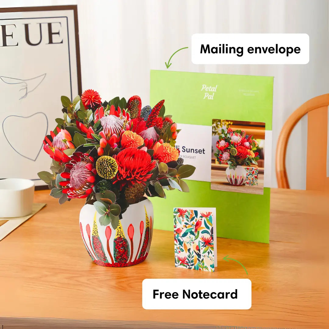 Kirribilli-Sunset-Australian-native-paper-pop-up-bouquet-of-waratah-and-proteas-—-PetalPal