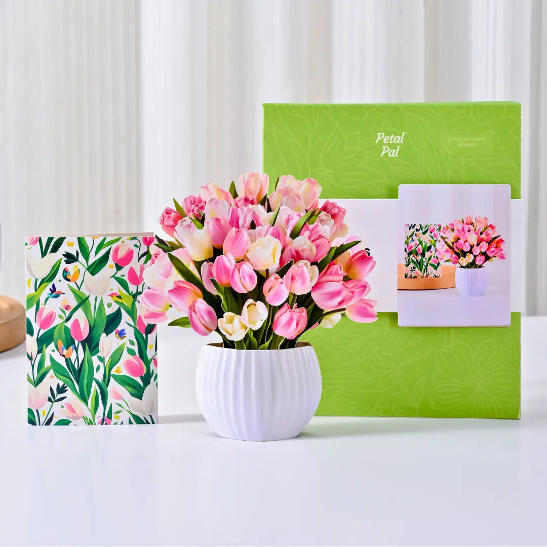Mini-Tulip-Kisses-small-paper-pop-up-bouquet-of-pink-and-cream-tulips-—-PetalPal