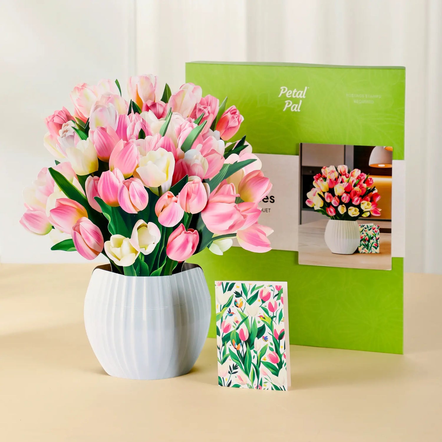 Tulip Kisses paper pop-up bouquet of pink and cream tulips — PetalPal